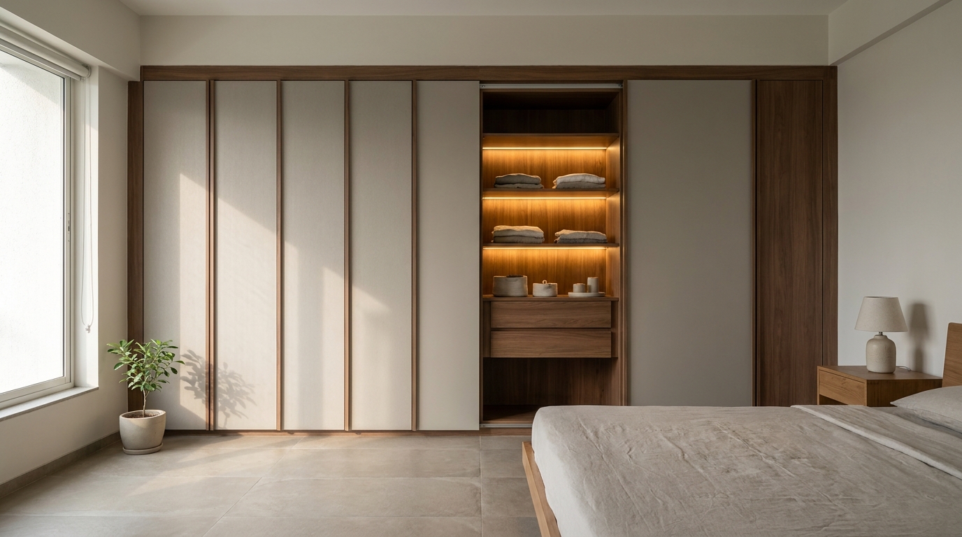 Wardrobe interior with warm LED lighting switched on, angled editorial shot.