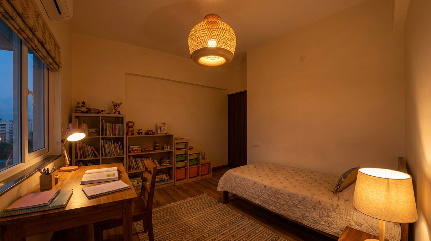 Kids' room with three layered light sources visible ceiling pendant, desk task lamp, and bedside lamp.