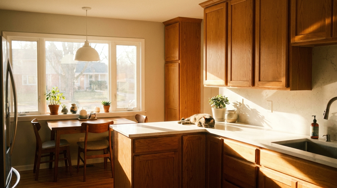 Modular kitchen positioned to catch bright morning sunlight through a nearby window.