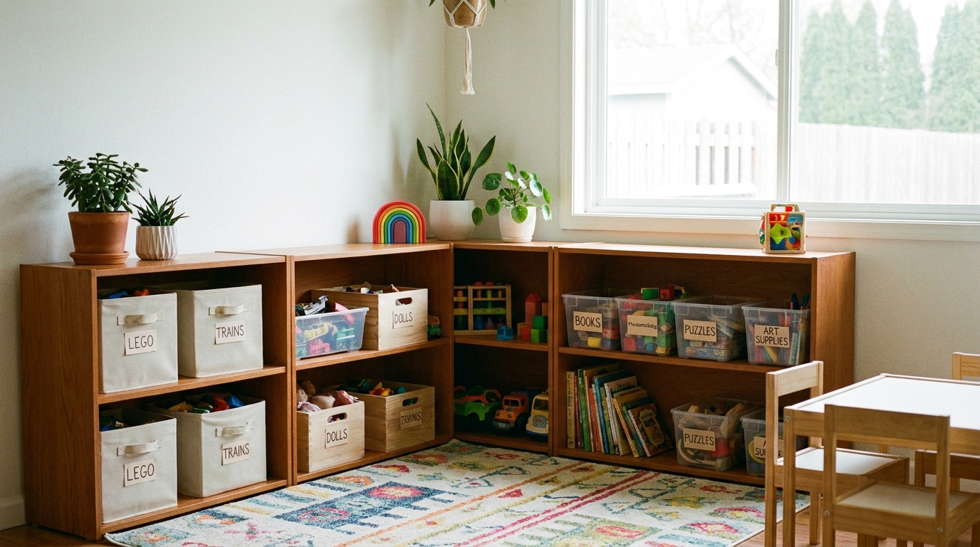 Low open shelving at child height with labelled bins holding organised toys.