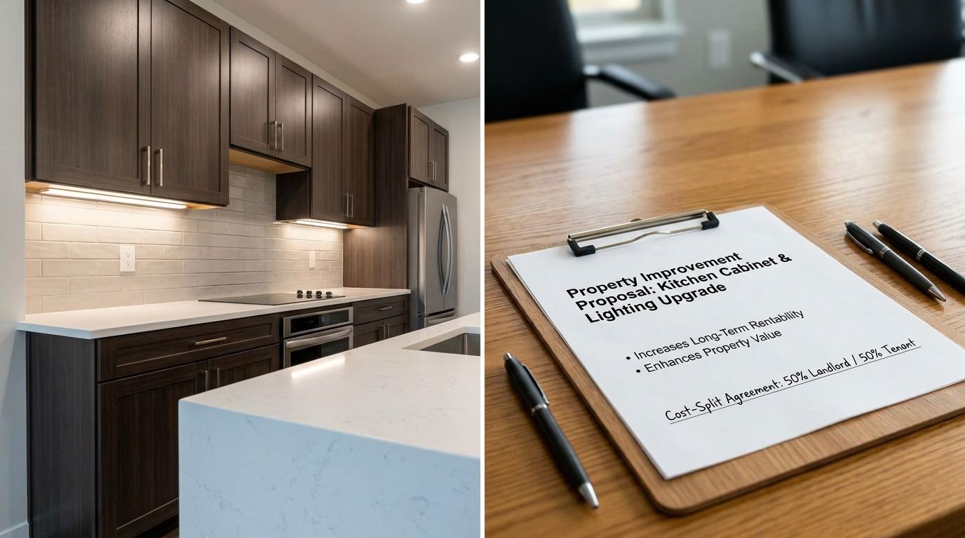 A split-screen photograph showing a modern upgraded kitchen next to a professional property improvement proposal detailing a cost-split agreement between a landlord and tenant.