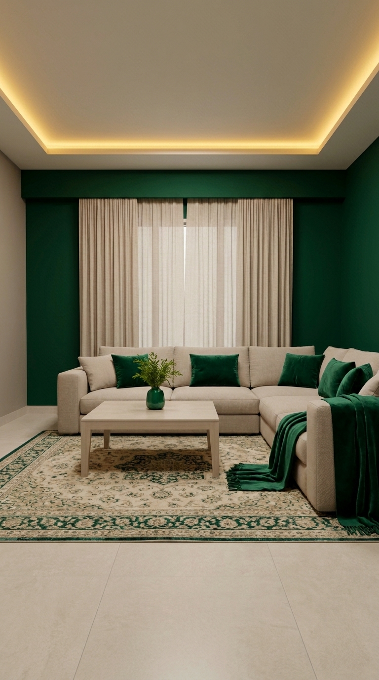 Deep emerald velvet cushions and a throw. One wall behind the sofa repainted in emerald green