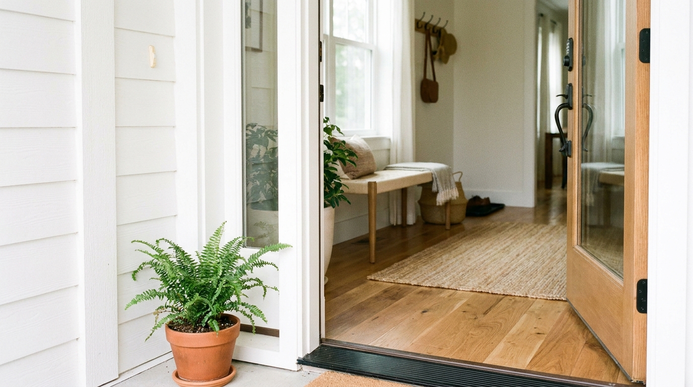 Home entrance with a north-facing door open, soft daylight flooding into the entryway.