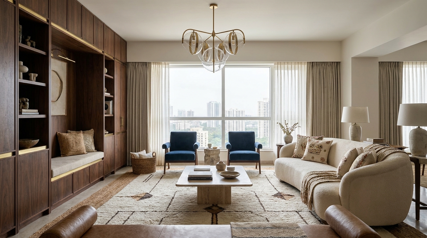 Fully custom-designed Indian apartment living room with bespoke built-in furniture and a statement lighting fixture.