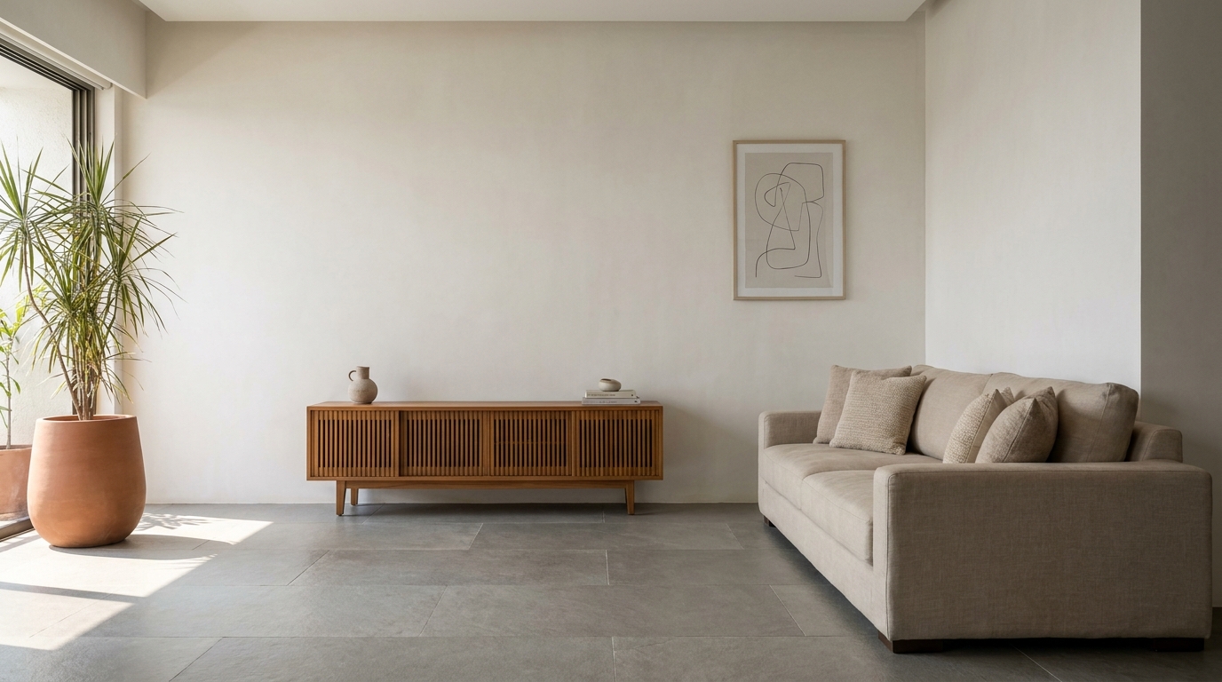 Low-profile sofa and console in a living room with low ceiling.