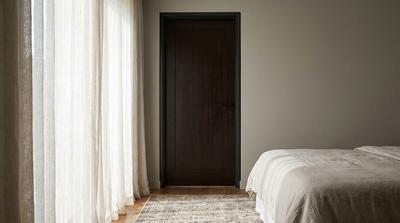 Solid-core en-suite bathroom door with a compression seal, viewed from an Indian apartment bedroom with soft daylight through sheer curtains.