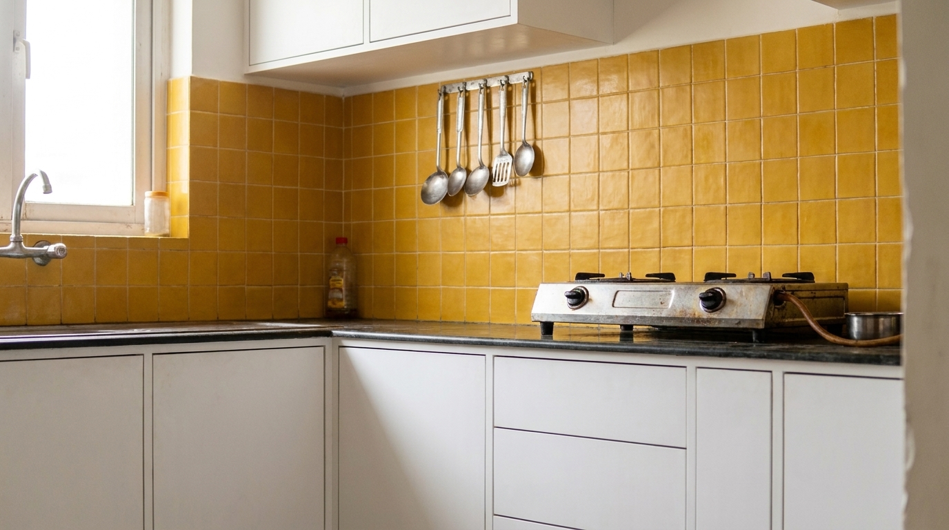 Bold mustard-yellow handmade ceramic tile backsplash in a renovated Indian apartment kitchen, set against white cabinets.