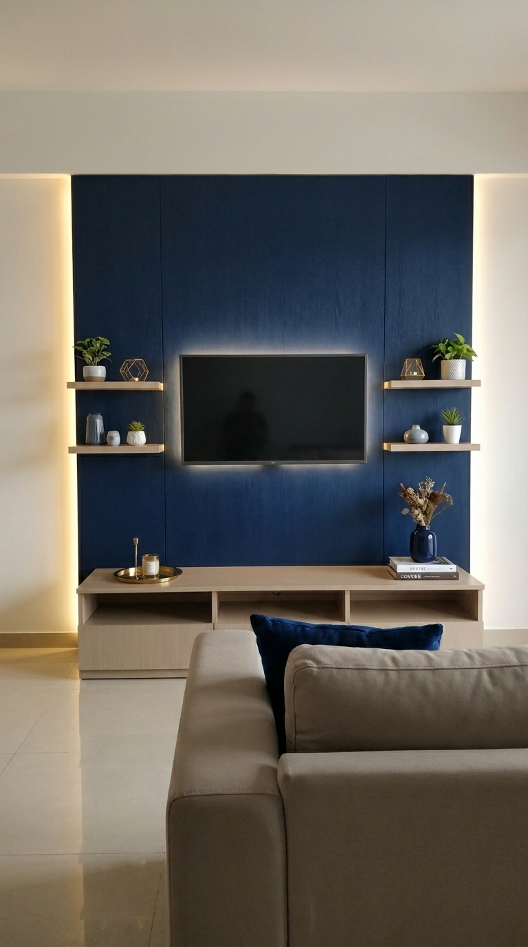 A textured navy blue wood panel, floor to ceiling, with the TV flush-mounted, two floating shelves added on either side