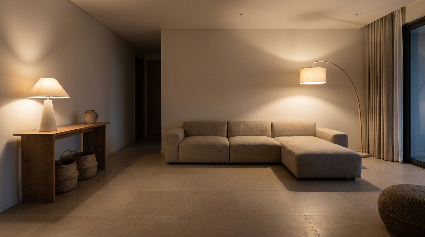 Living room with layered lighting from a floor lamp and table lamp instead of a single ceiling light.