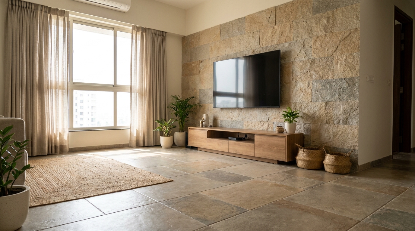 Natural stone cladding accent wall behind a wall-mounted television in an Indian apartment living room.