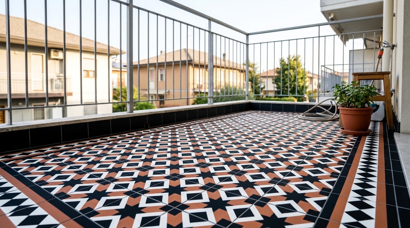 Bold geometric patterned tile flooring in black, white, and terracotta tones on a renovated Indian apartment balcony.