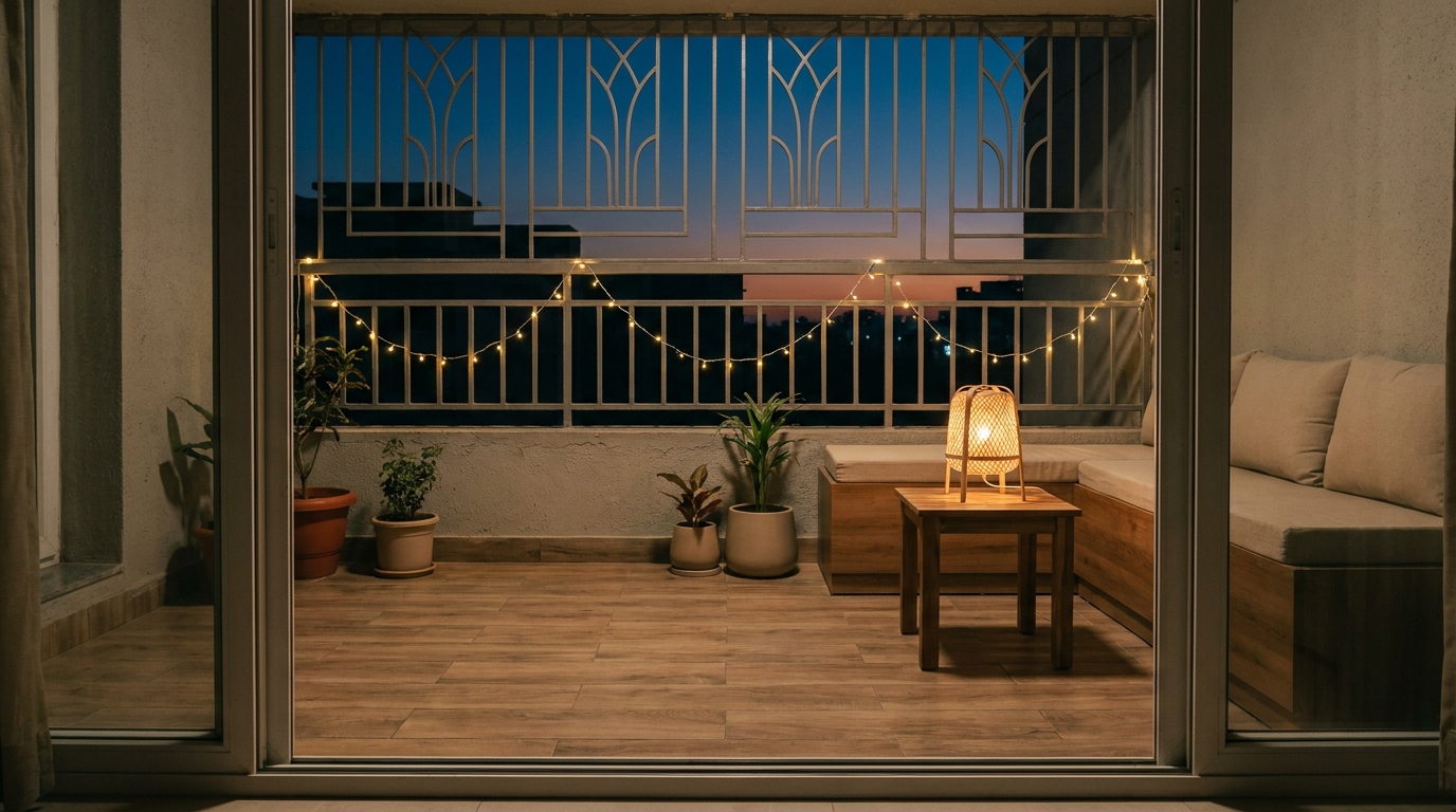 Balcony with warm string lighting and table lamp glowing at dusk in an Indian apartment.