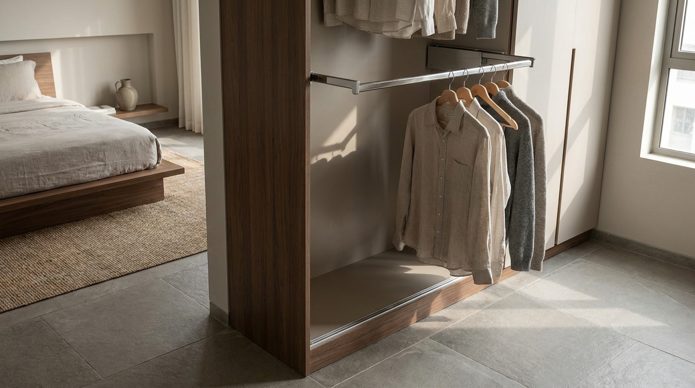 Pull-down hanging rod mechanism in a modern wardrobe, angled editorial shot.