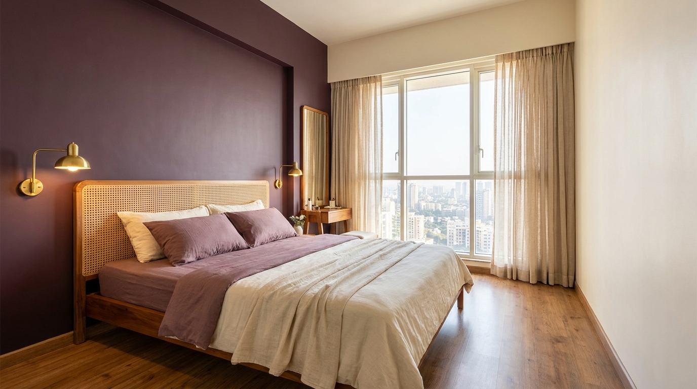 Indian bedroom with deep plum accent wall and an open dressing corner.
