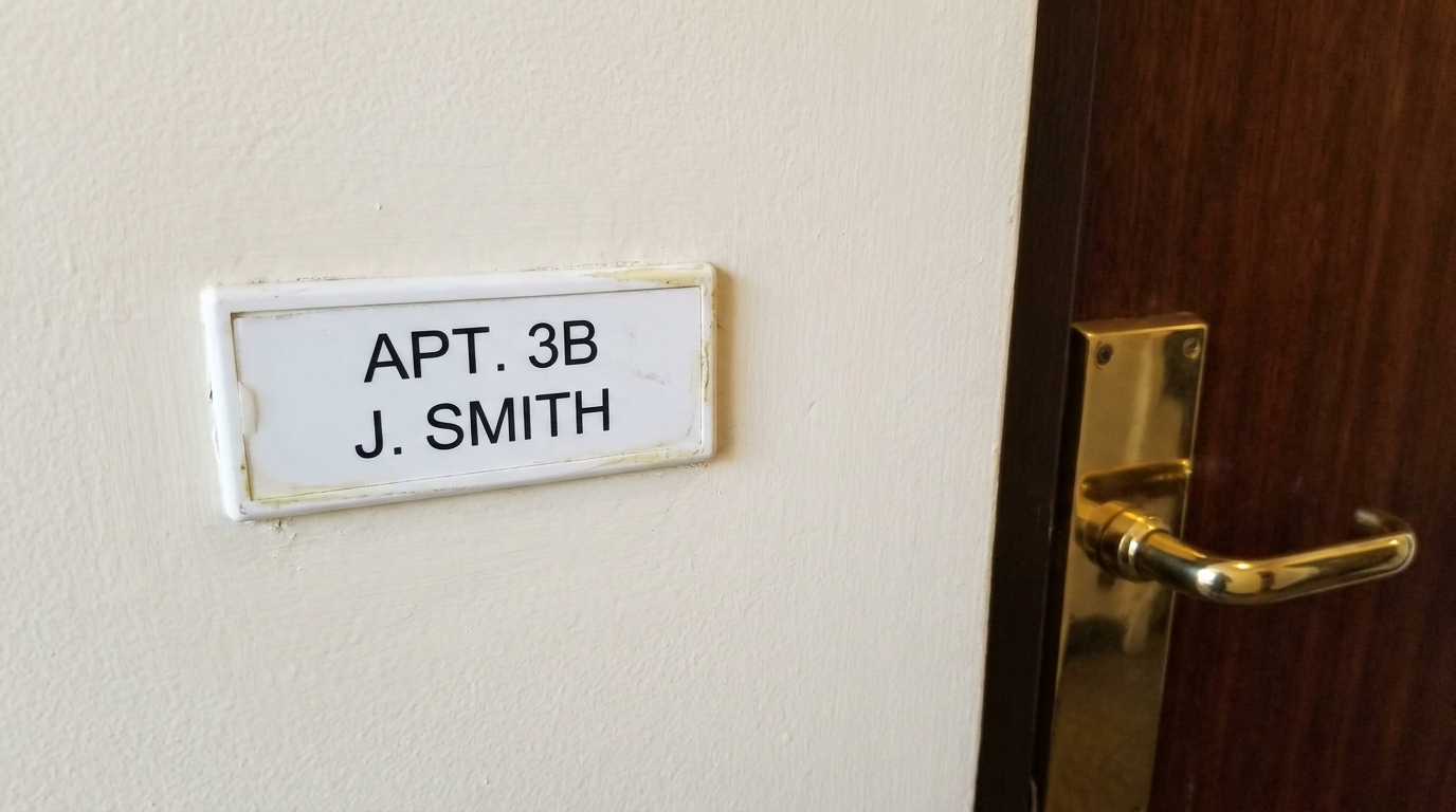 Generic plastic nameplate mounted beside an apartment door, mismatched to the brass door handle.