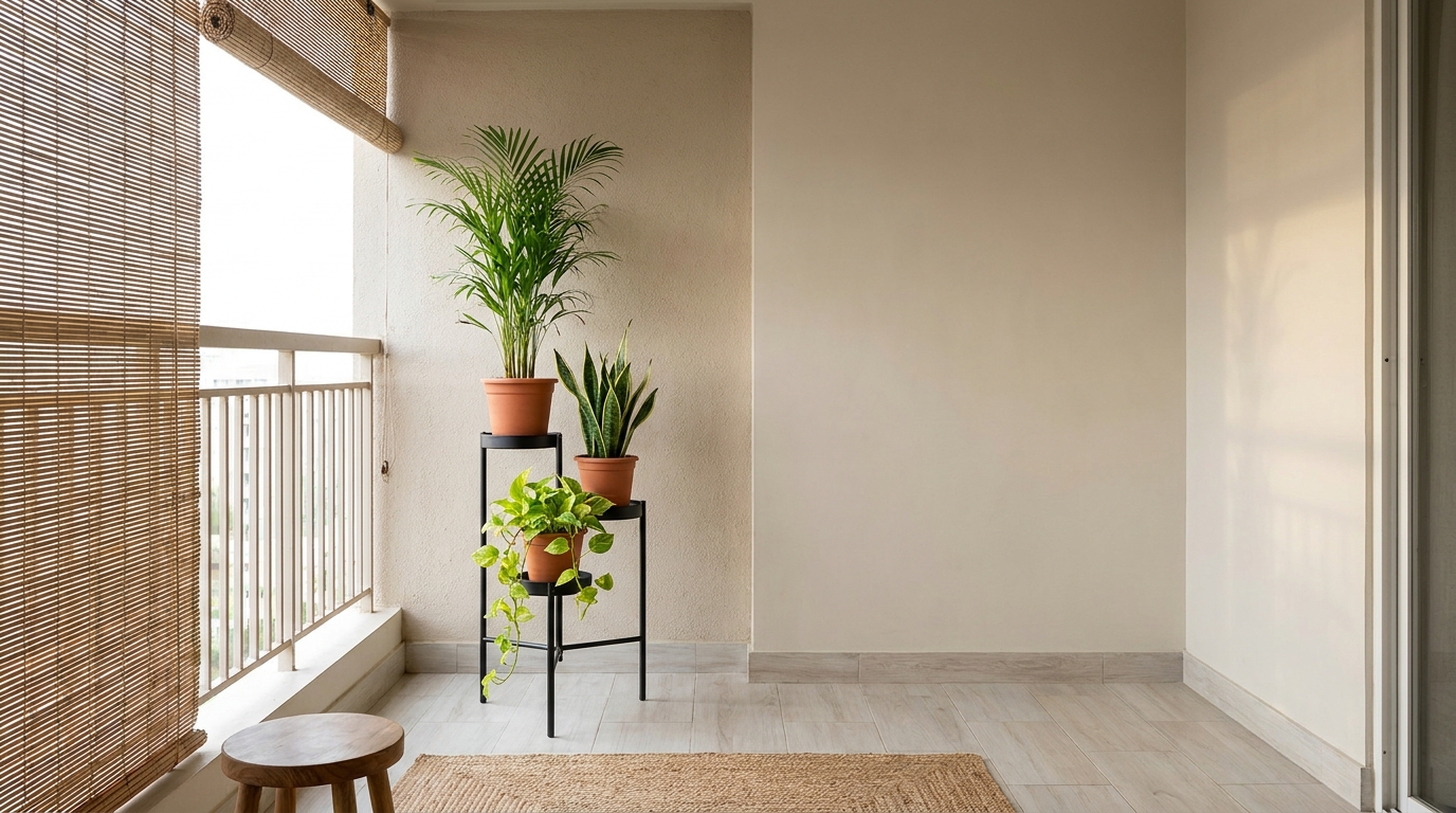 Tiered plant stand with layered greenery on an Indian apartment balcony.