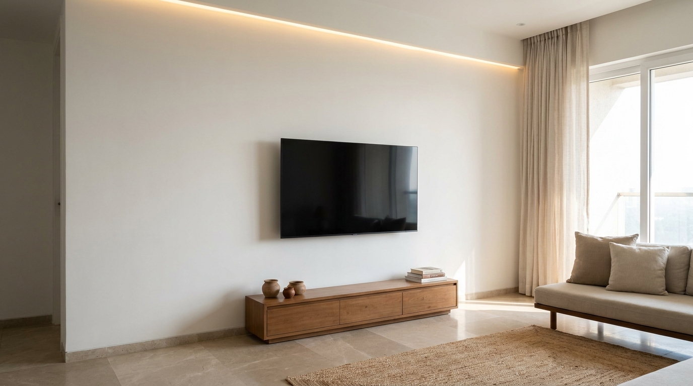 Minimalist wall-mounted television with warm LED cove lighting along the ceiling edge in an Indian apartment living room.