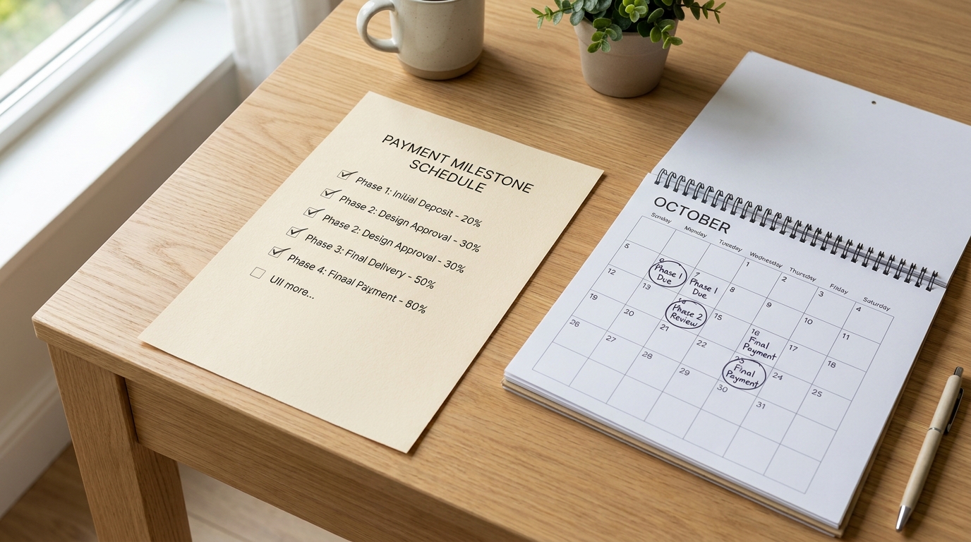 Printed payment milestone schedule with percentages beside a desk calendar with circled dates.