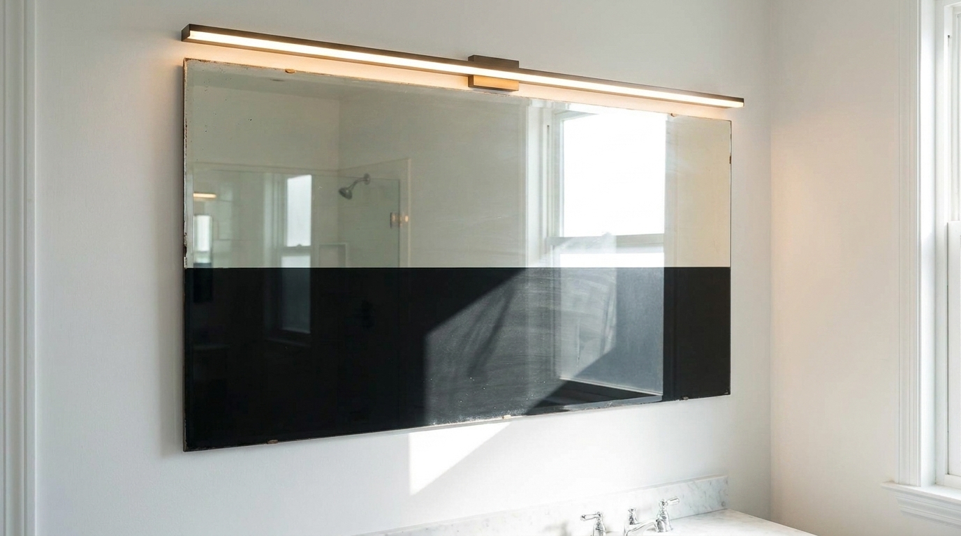 Bathroom mirror fitted with a horizontal warm LED light bar, lighting the area evenly.