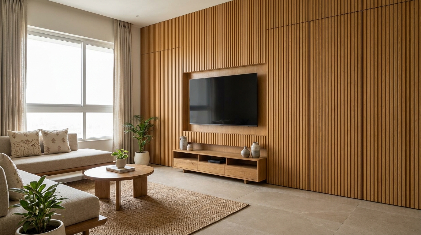 Fluted wood panel wall with a recessed television in an Indian apartment living room.