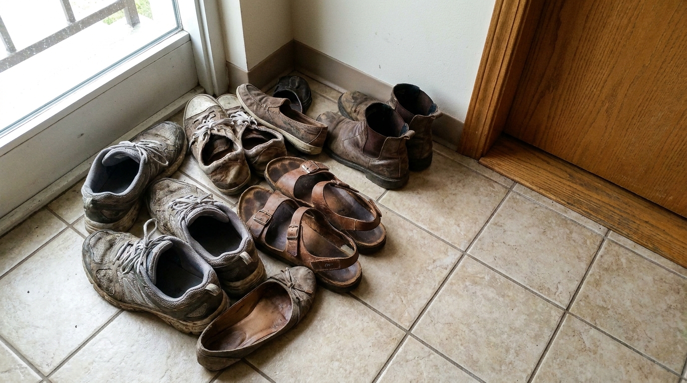 Loose, uneven pile of shoes directly on the floor beside an apartment door frame.