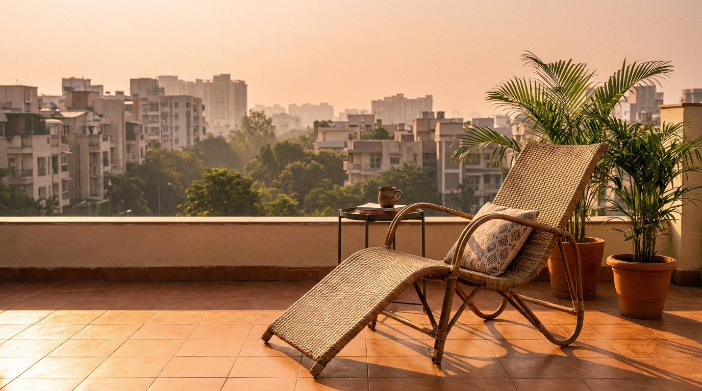 Rattan chair and side table in morning light on an Indian apartment terrace.