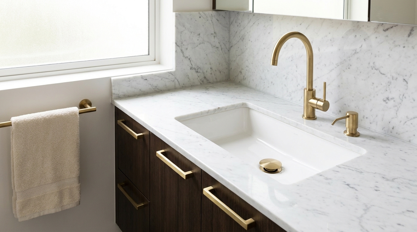 Coordinated matte black hardware across the tap, towel rail, and cabinet handles in an Indian apartment bathroom vanity.