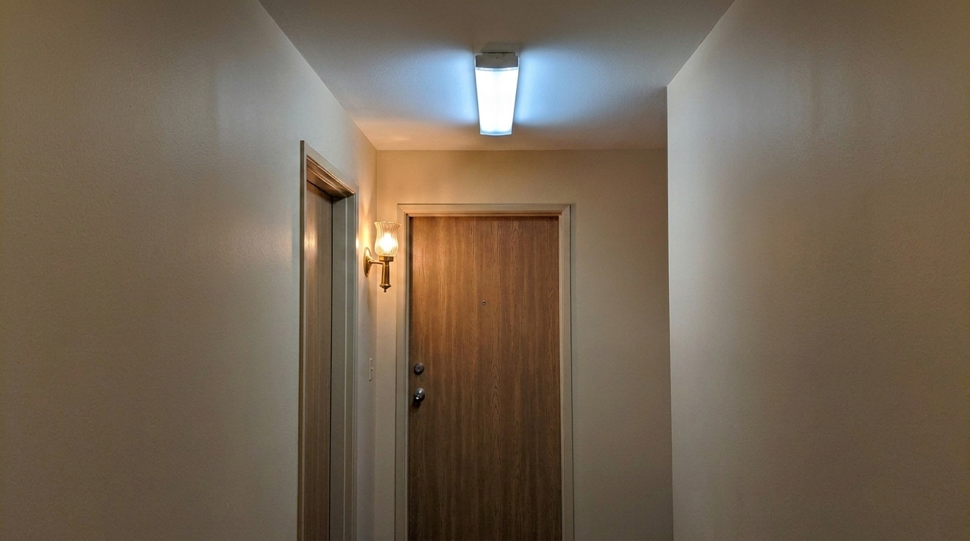 Warm brass wall sconce mounted beside an apartment door, casting a soft glow.