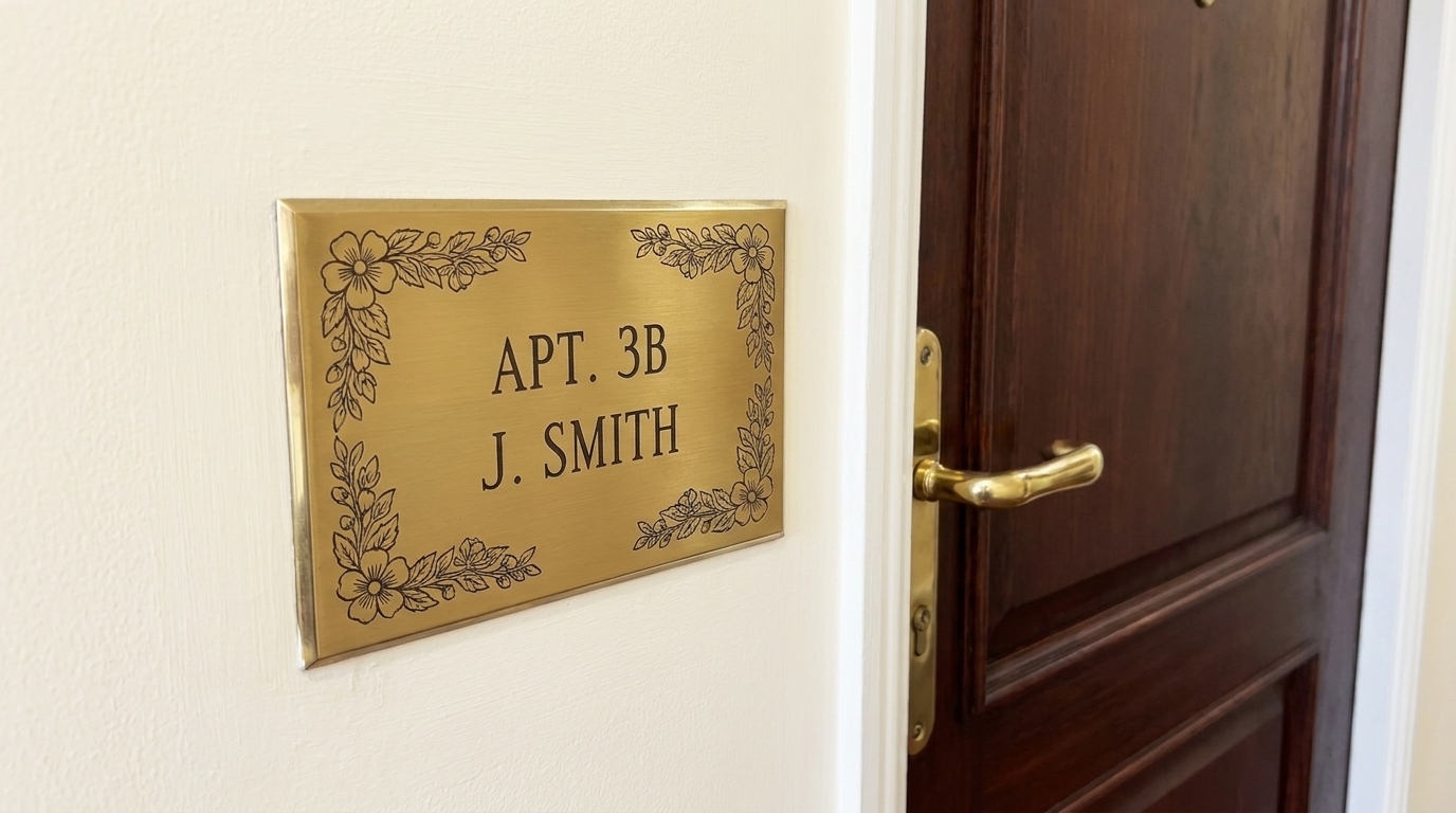 Brass engraved nameplate mounted on a wall beside an apartment door, matching the brass door handle.