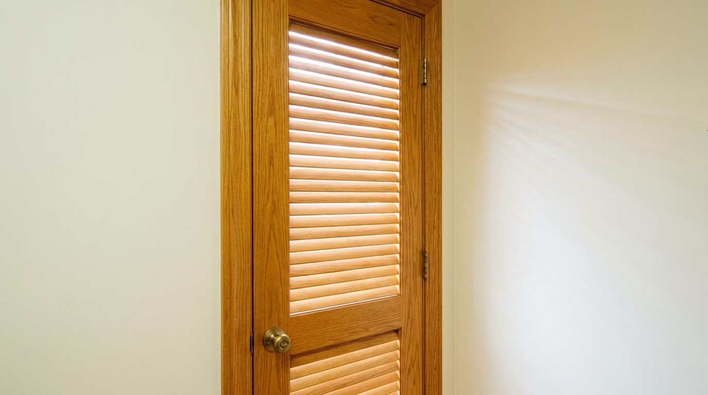 Slatted wooden louvred door on a utility room closet, closed with visible gaps between slats.