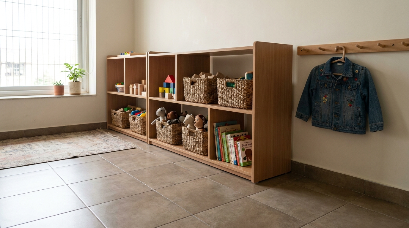 Low open shelving with toy baskets at a child's reach height in an Indian apartment kids' room.