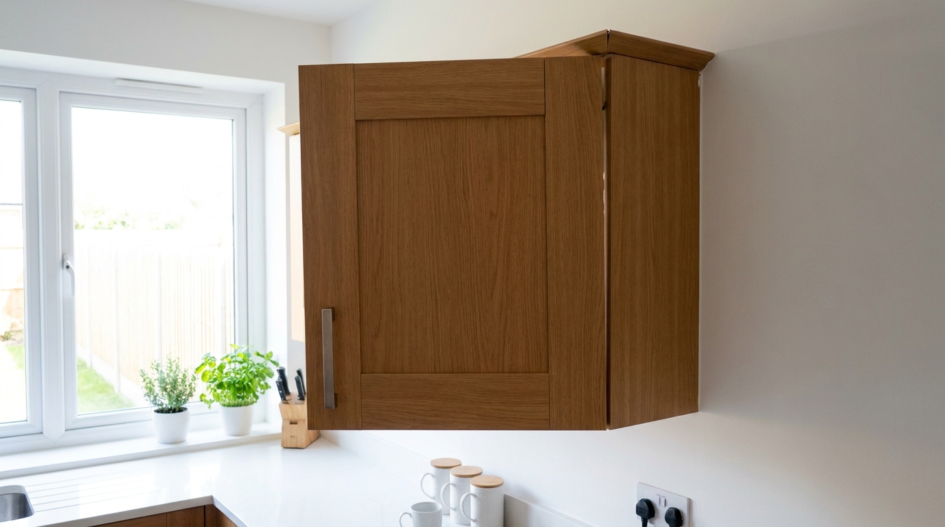 Kitchen cabinet door hanging misaligned, not closing flush, with a visible gap at one corner.