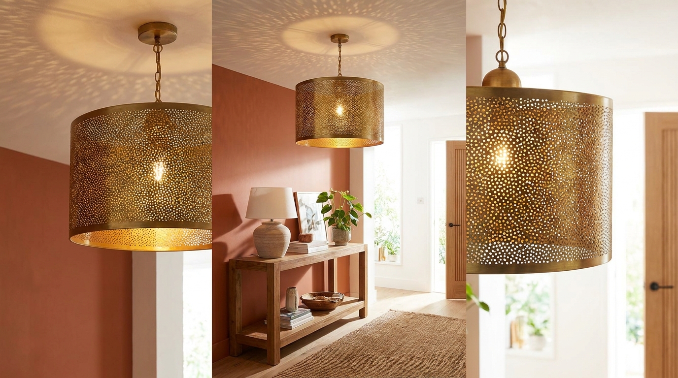 Brass drum pendant with a perforated pattern, casting scattered light patterns onto the ceiling above.