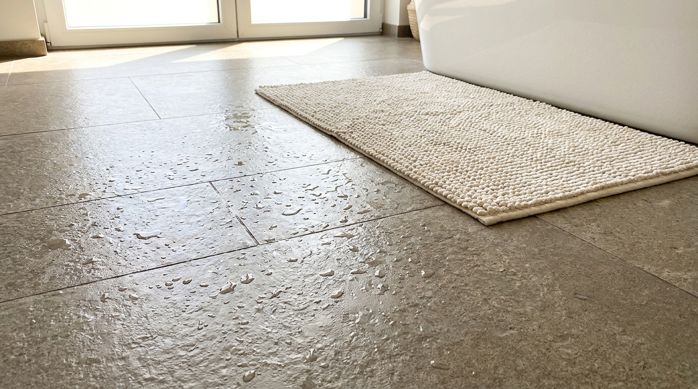 Bathroom floor with matte-finish textured tile and a non-slip mat placed beside the tub.