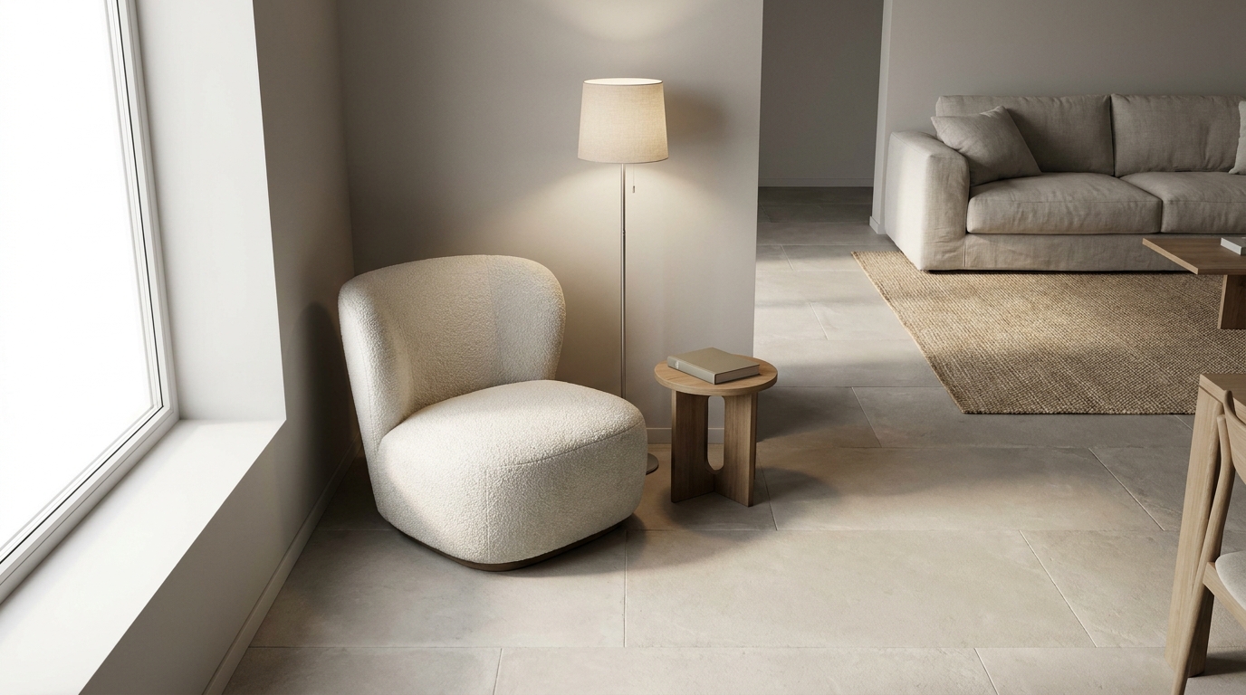 Reading corner with armchair and floor lamp in a larger Indian living room.