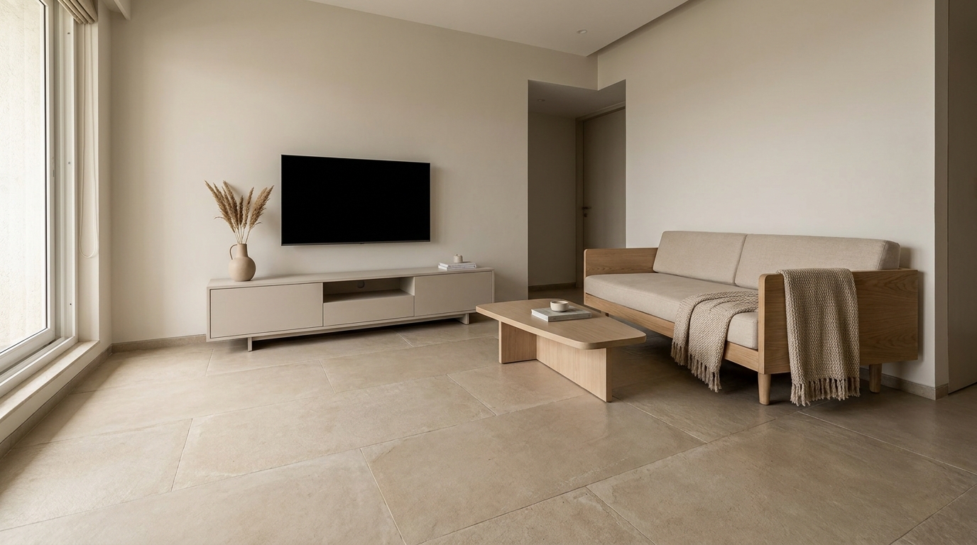 Diagonally placed sofa in an Indian apartment living room corner.