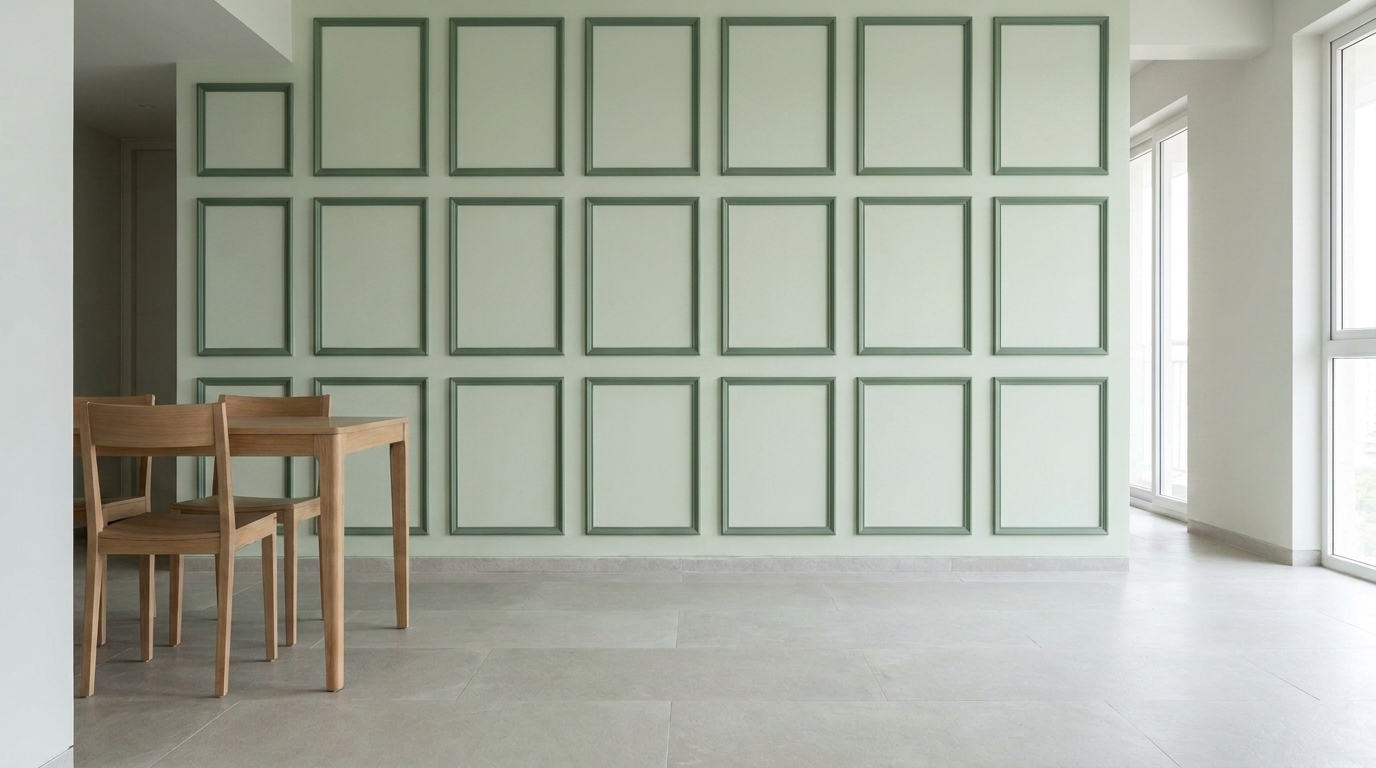 Dining wall with picture-frame moulding grid added in an Indian apartment.
