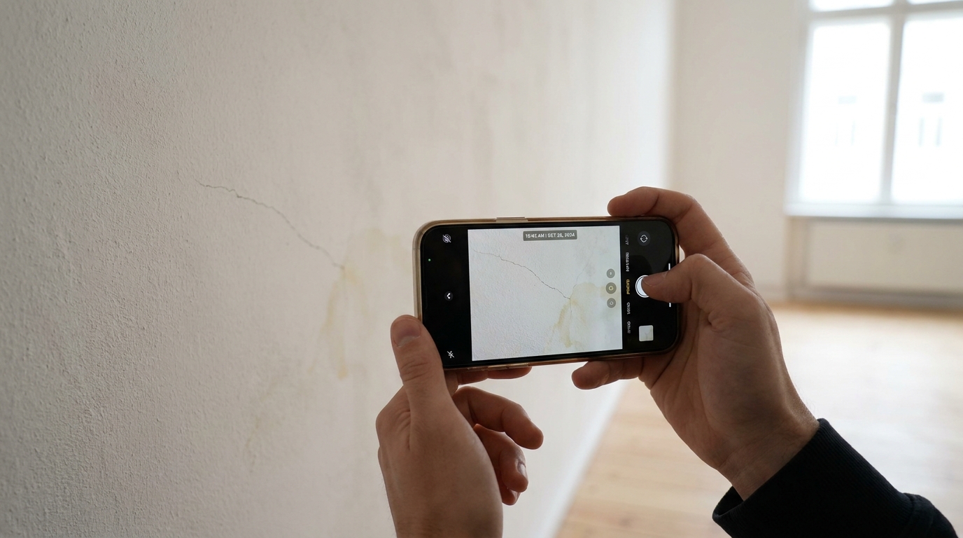A close-up POV shot of a smartphone screen taking a time-stamped photo of a small crack on an empty apartment wall, illustrating the process of documenting pre-existing property damage before moving in.