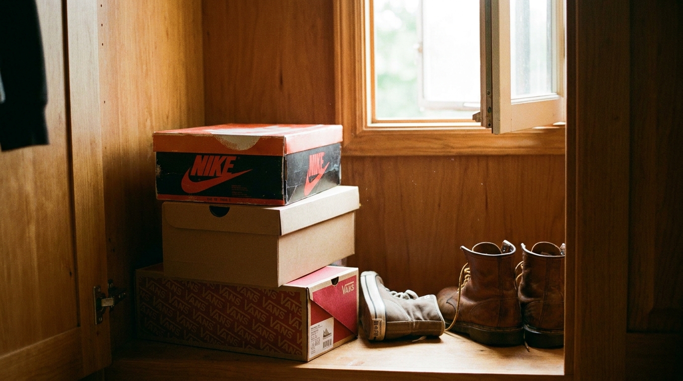 Shoe boxes stacked three high on a wardrobe floor with a few loose shoes beside them.