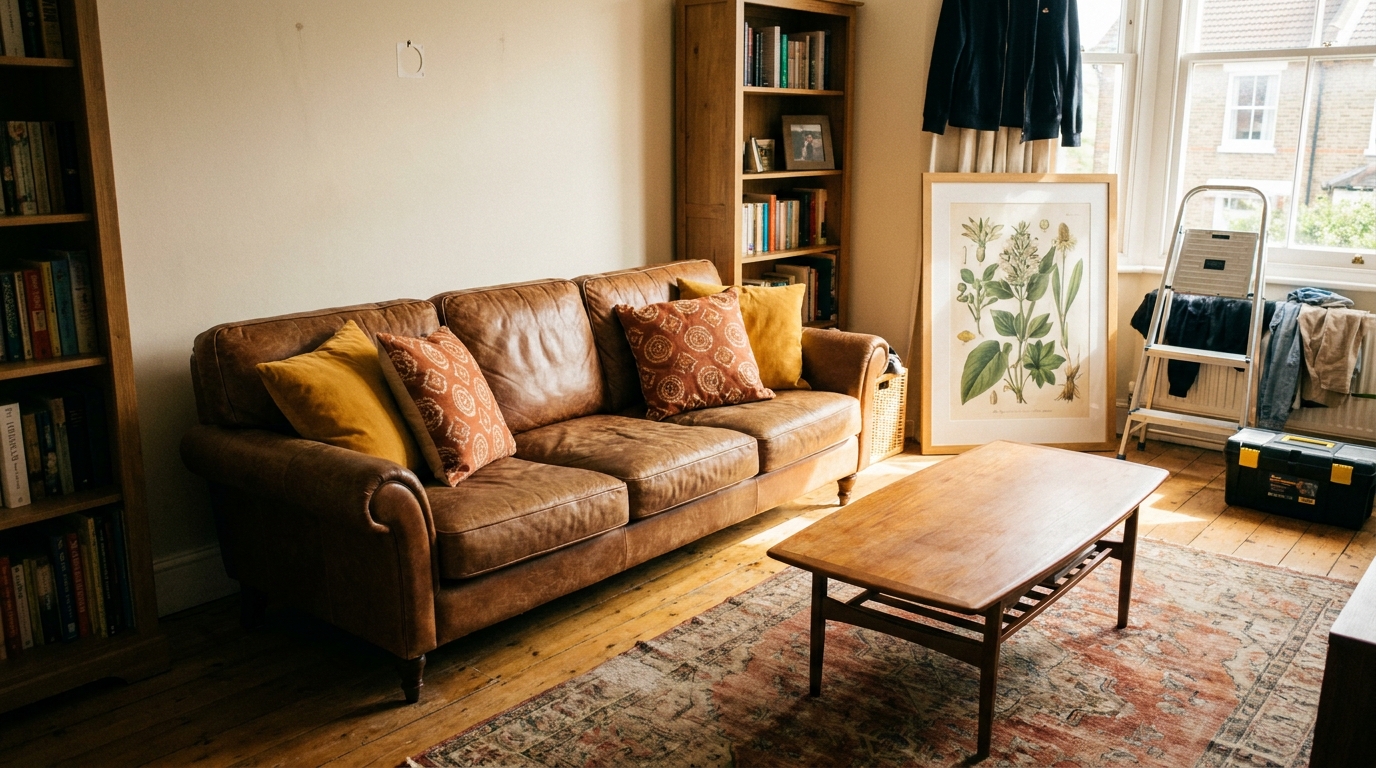 Living room being refreshed with new accent cushions and repositioned wall art, layout otherwise unchanged.