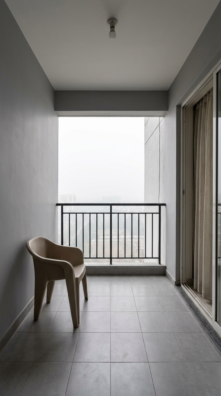 Grey tile, a plain plastic chair, a bare black railing
