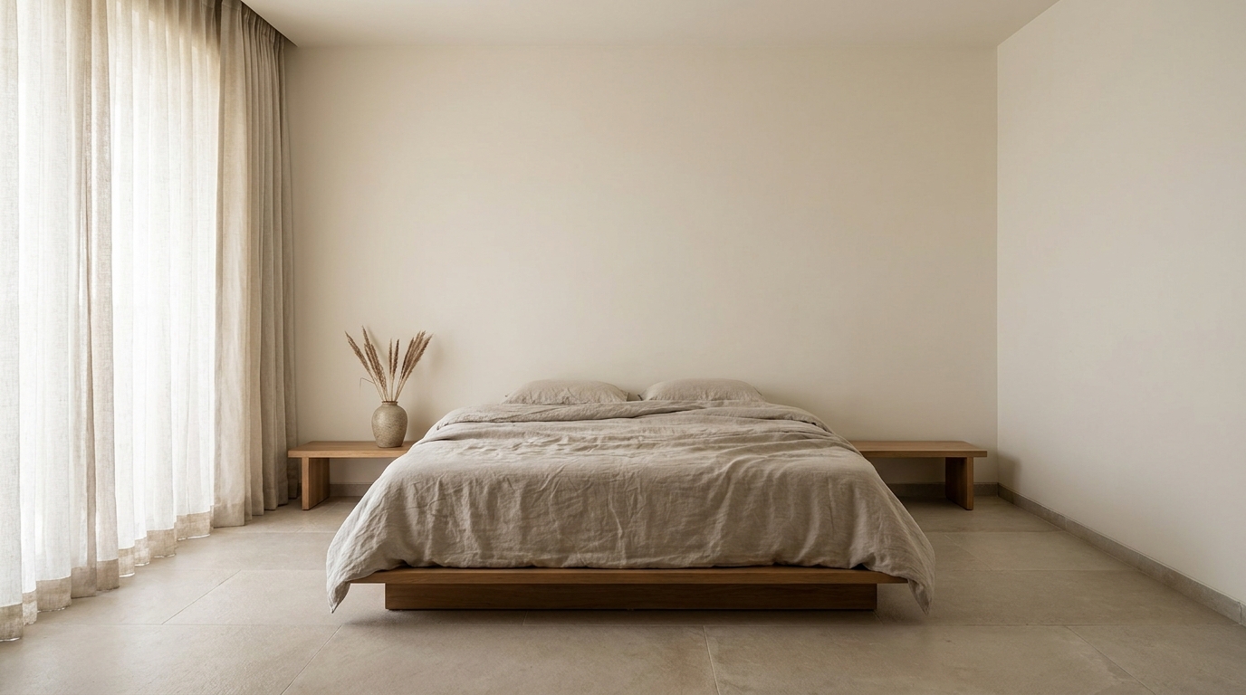 Plain wall behind the bed in an Indian master bedroom before moulding.