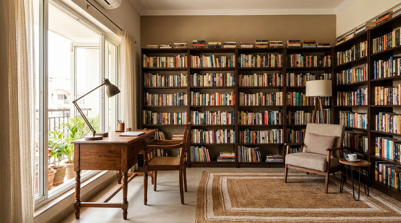  Combined home library and study room with distinct shelving, desk, and reading chair zones in an Indian apartment.