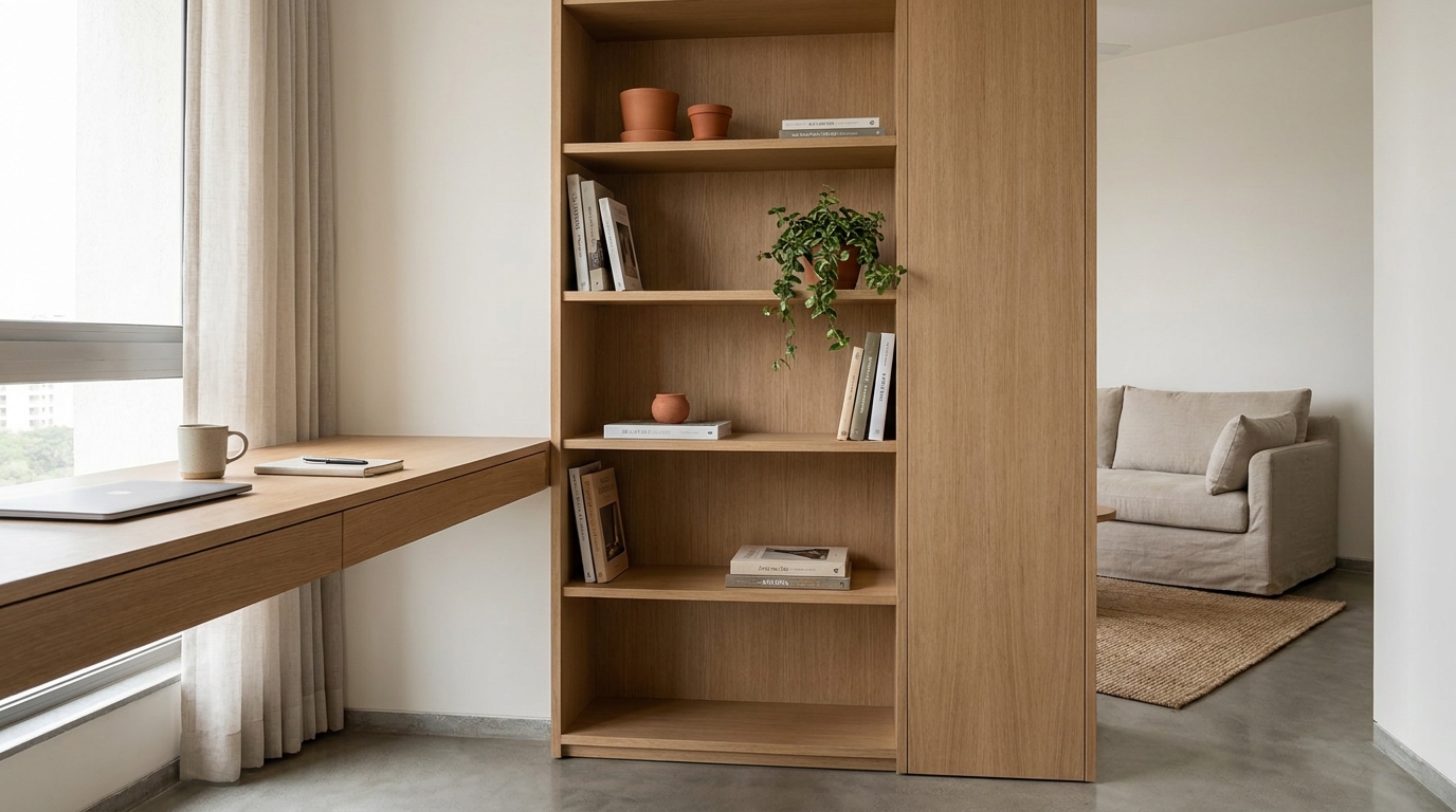 Home office corner in an open-plan Indian apartment with a tall narrow bookshelf positioned perpendicular to the desk, creating a visual boundary between the workspace and the living room behind it