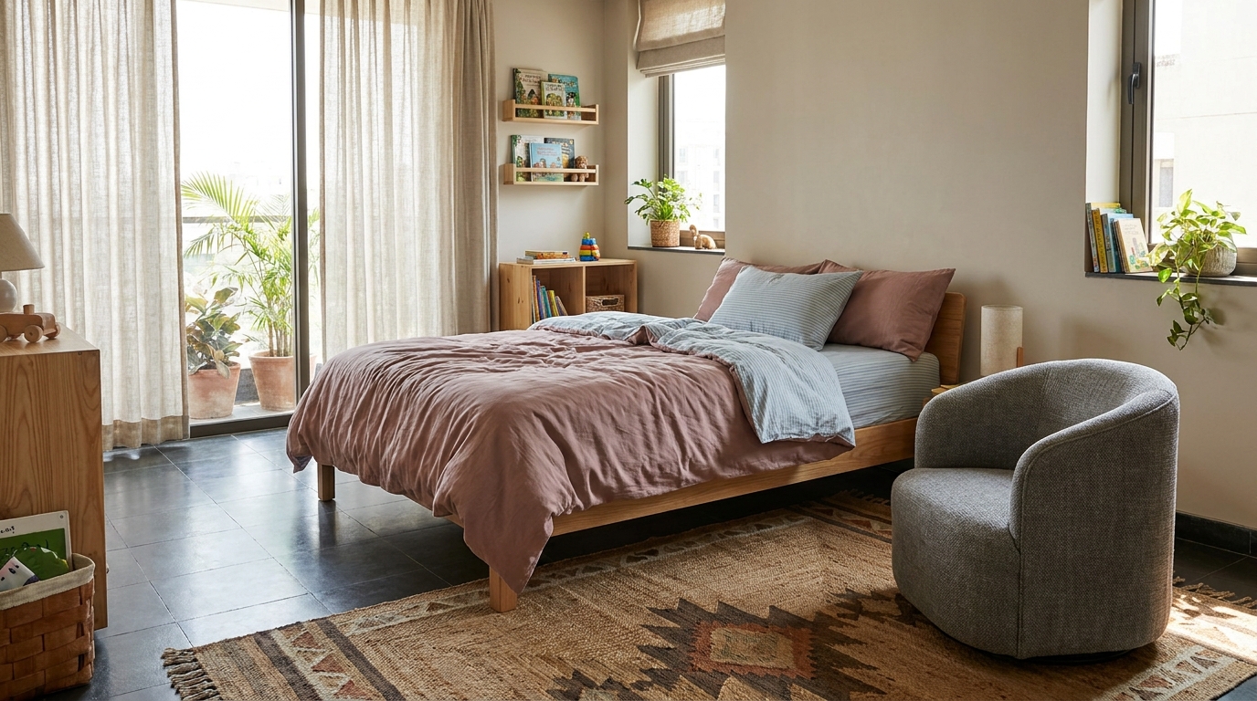 Kids' room with machine-washable cotton bedding and a durable wipeable fabric reading chair.