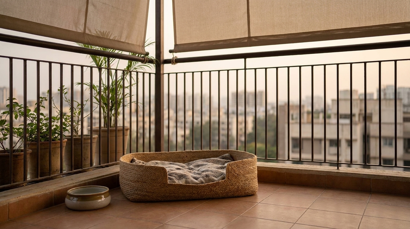 Shaded pet-friendly corner with bed and water bowl on an Indian apartment terrace.
