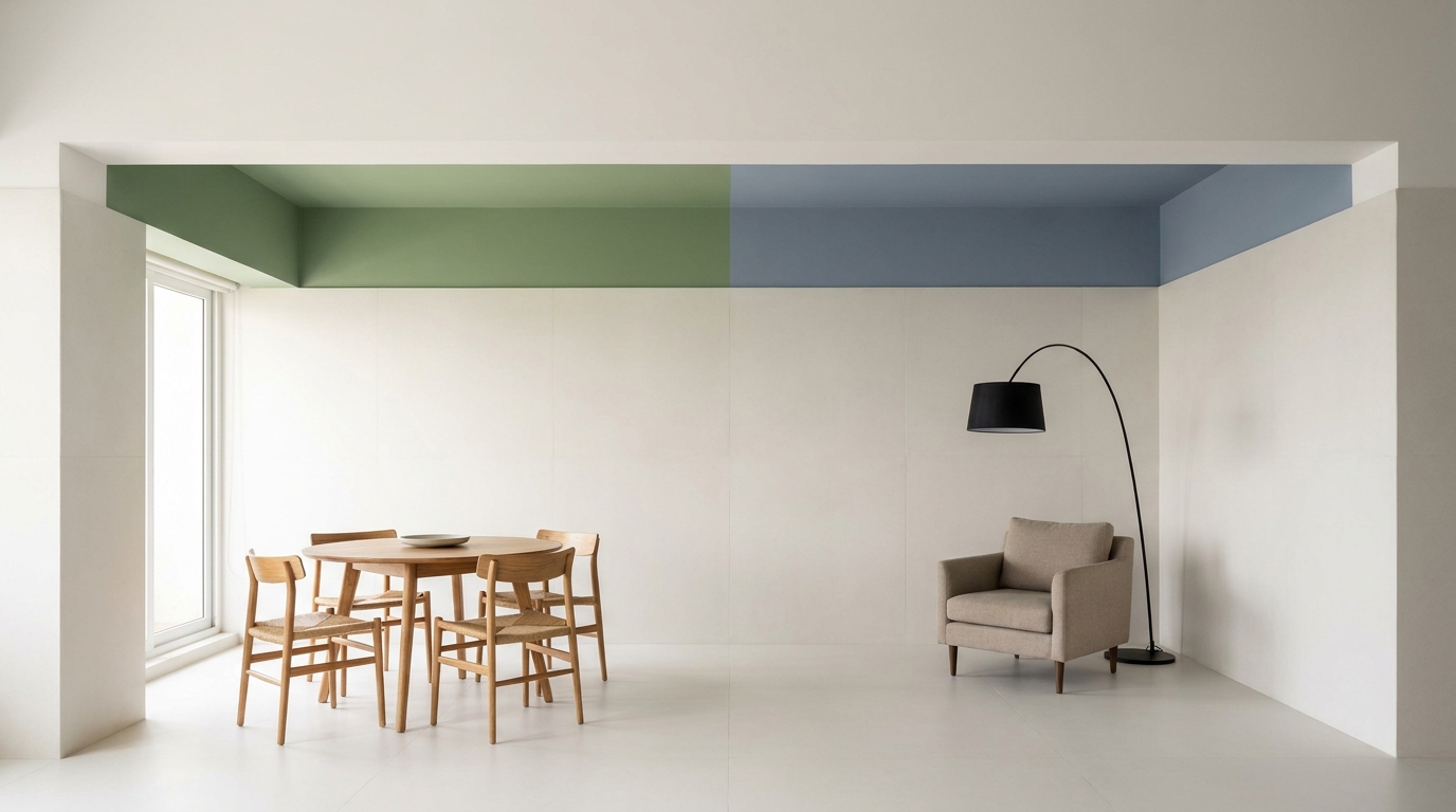 Open-plan Indian apartment with a sage green ceiling above the dining area and a slate blue ceiling above the reading corner, all walls remaining white