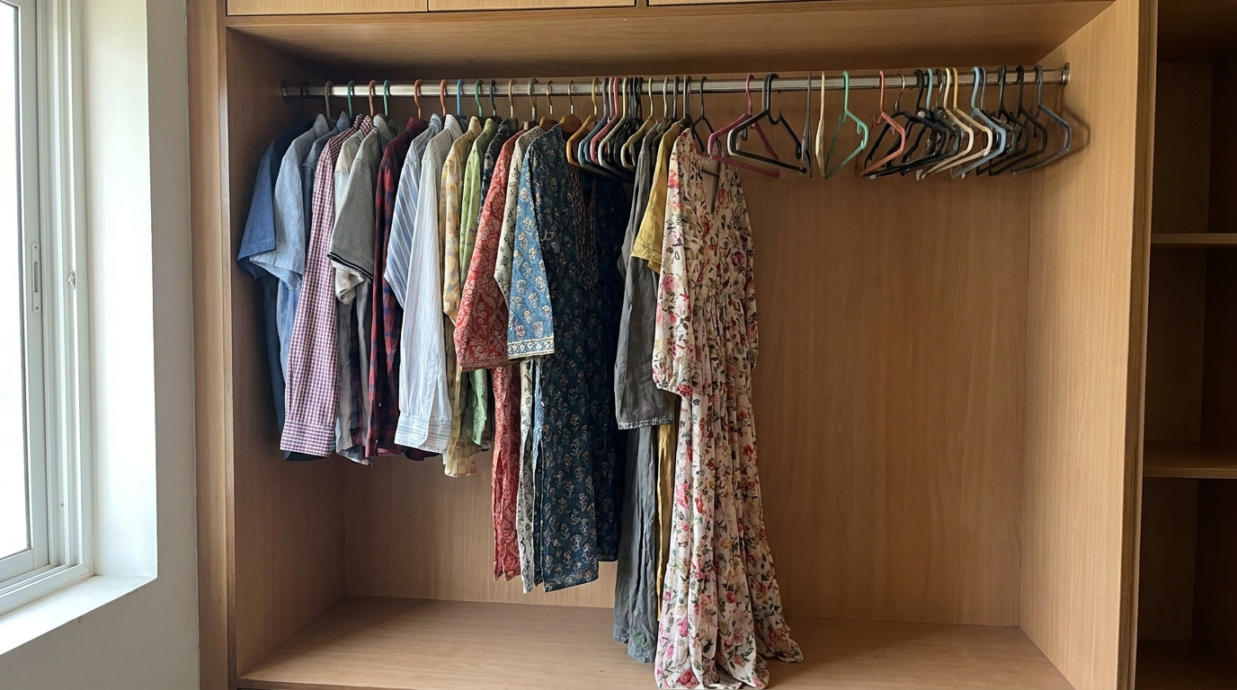 Wardrobe hanging section with a single overcrowded rod holding mixed-length clothing at one height.