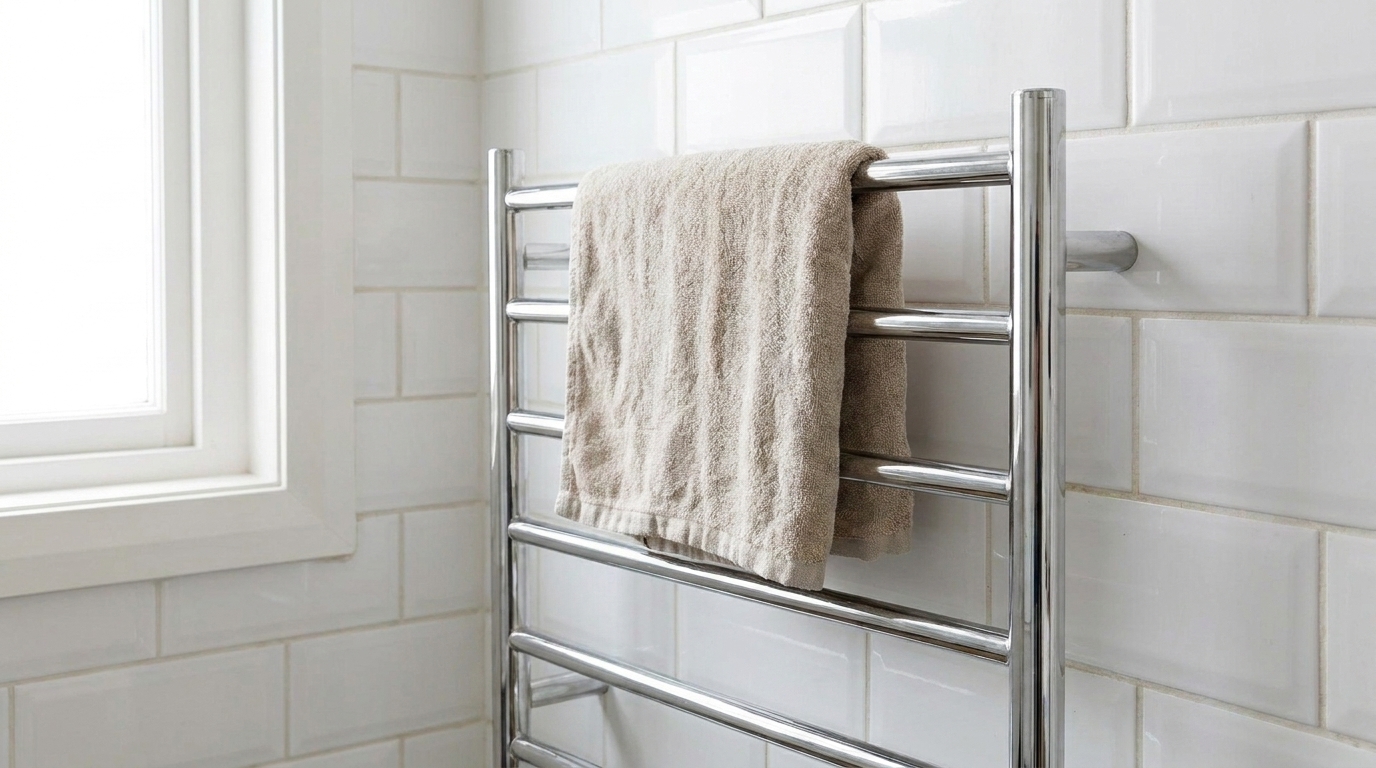 Wall-mounted heated towel rail, rust-free, replacing the previous corroded rail.