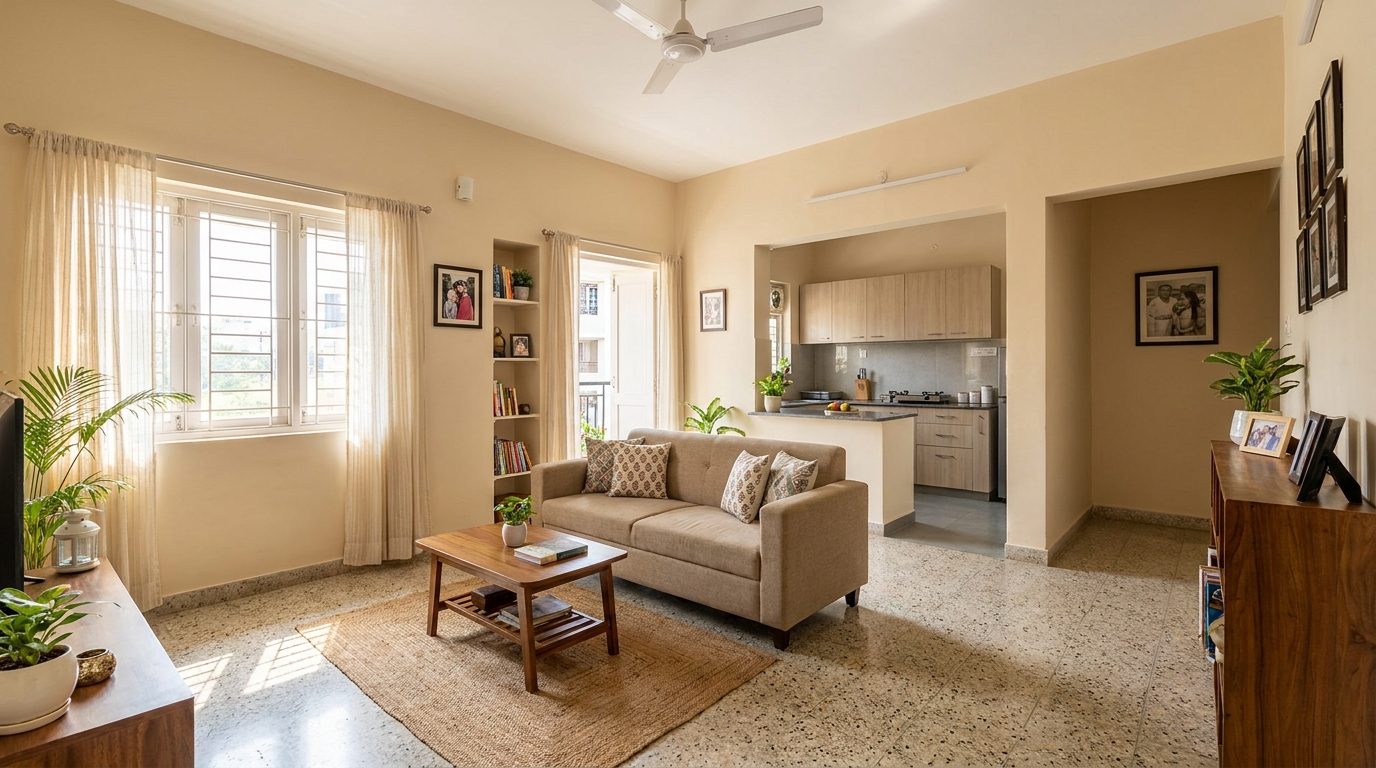 Compact Indian apartment 2BHK living room after a basic functional refresh with fresh paint and an updated kitchen visible through the doorway.